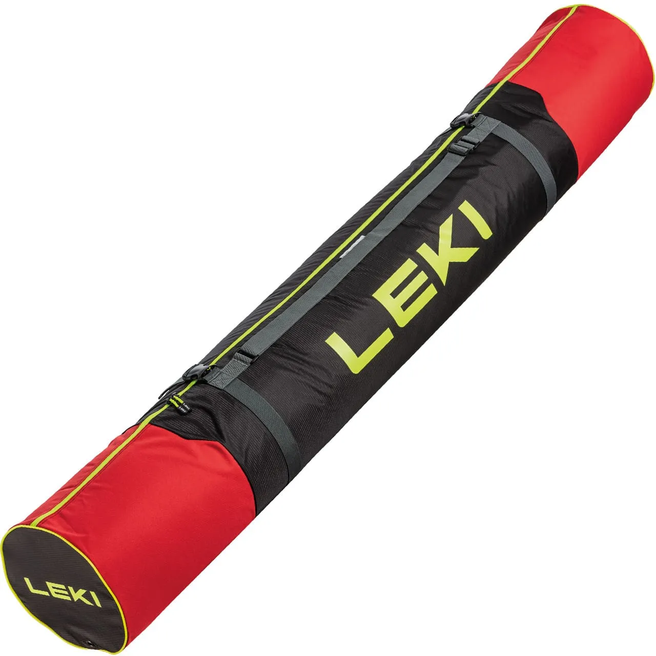 Borsa da sci alpino Leki nera con estremità rosse e logo giallo, con maniglie per il trasporto.