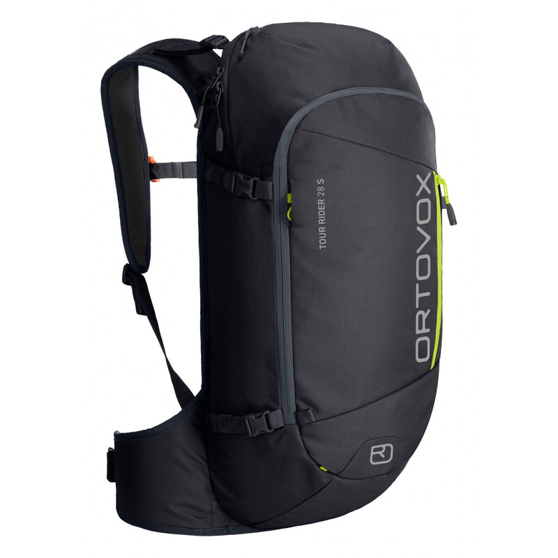 Schwarzer Ortovox Tour Rider 28 S Rucksack, seitliche Ansicht, mit hellgrünen Akzenten und Ortovox-Logo.
