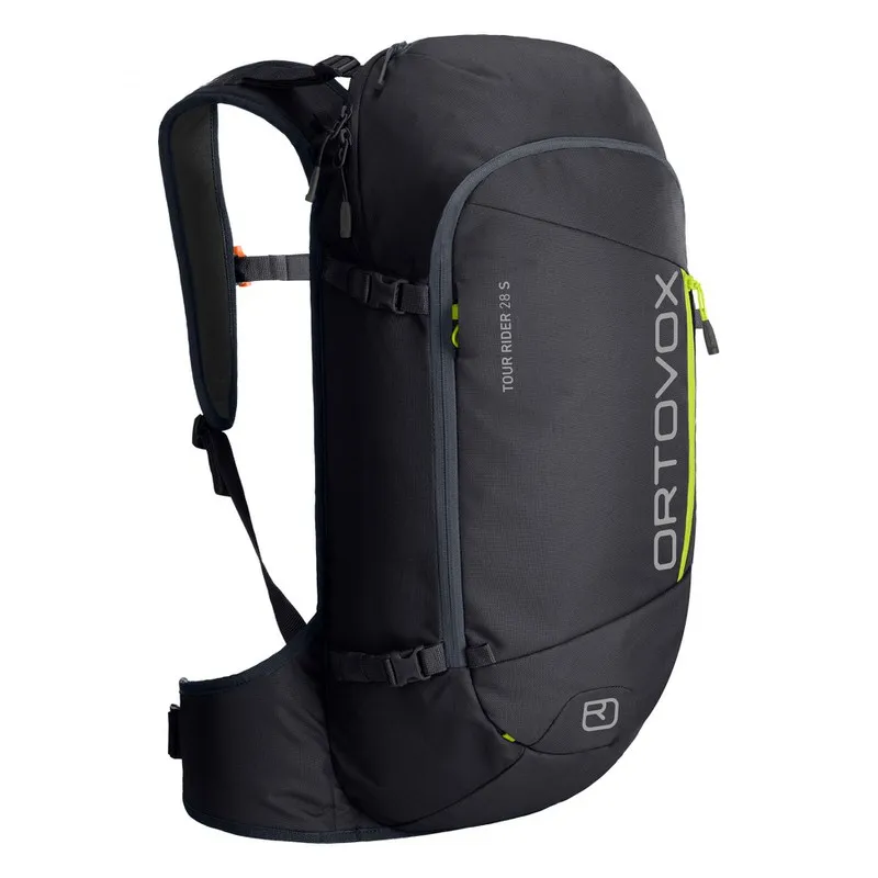 Schwarzer Ortovox Tour Rider 28 S Rucksack, seitliche Ansicht, mit hellgrünen Akzenten und Ortovox-Logo.
