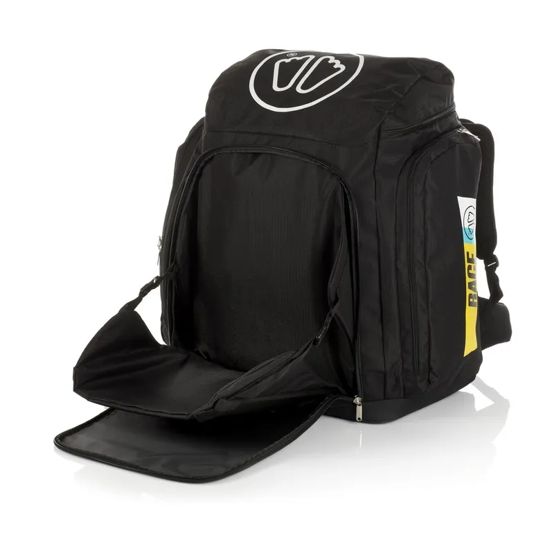 Schwarze Sidas Race Boot Bag mit offenem Fach, das den Innenraum und den Klappsitz zeigt.