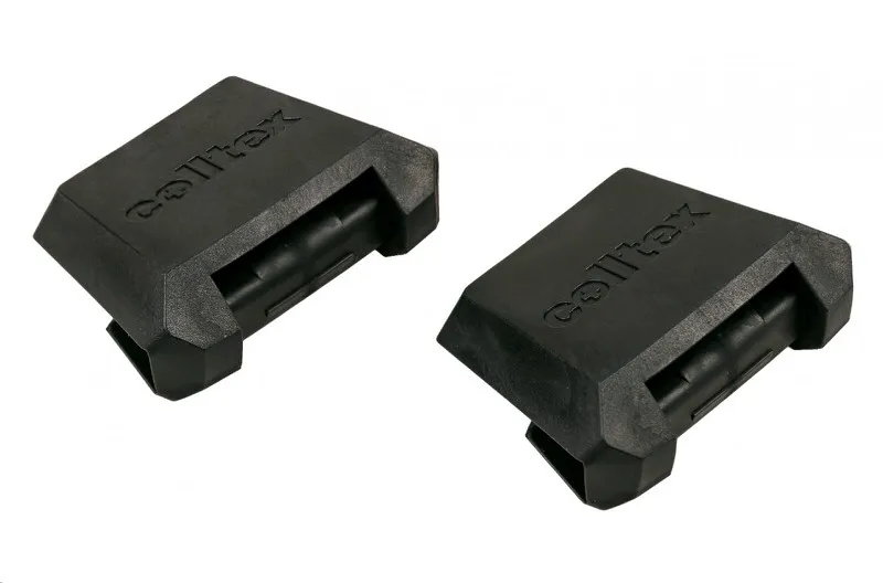 Details of two black Colltex Hexagon end hooks made of plastic.