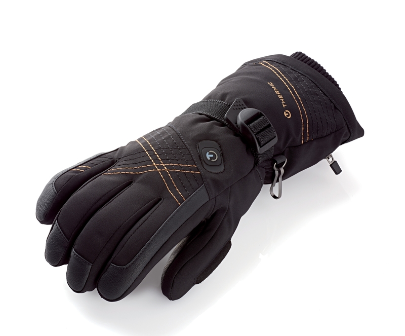 Beheizbarer Lederhandschuh Schwarzer Therm-ic Ultra Heat Glove Women, beheizbarer Lederhandschuh mit Akku und goldenen Ziernähten.