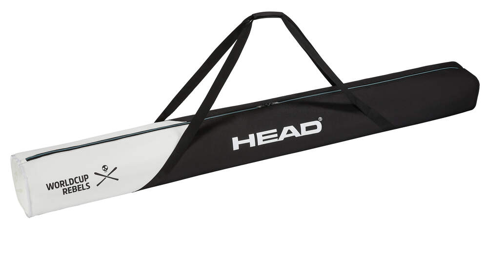 Schwarze Head Rebels Single Skibag mit weißen Details und Tragegurten vor weißem Hintergrund.