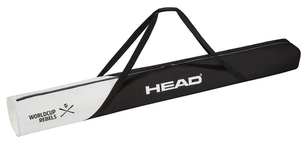 Black Head Rebels single ski bag with white details and straps against a white background.