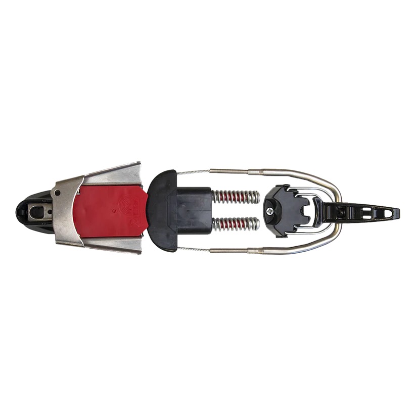 Skibindung für Langlaufski von oben. Silbernes Vorderteil, rote Basisplatte, schwarzer Mittelteil mit zwei sichtbaren Metallfedern. Schwarzer Fersenmechanismus mit Metallbügel und Hebel.