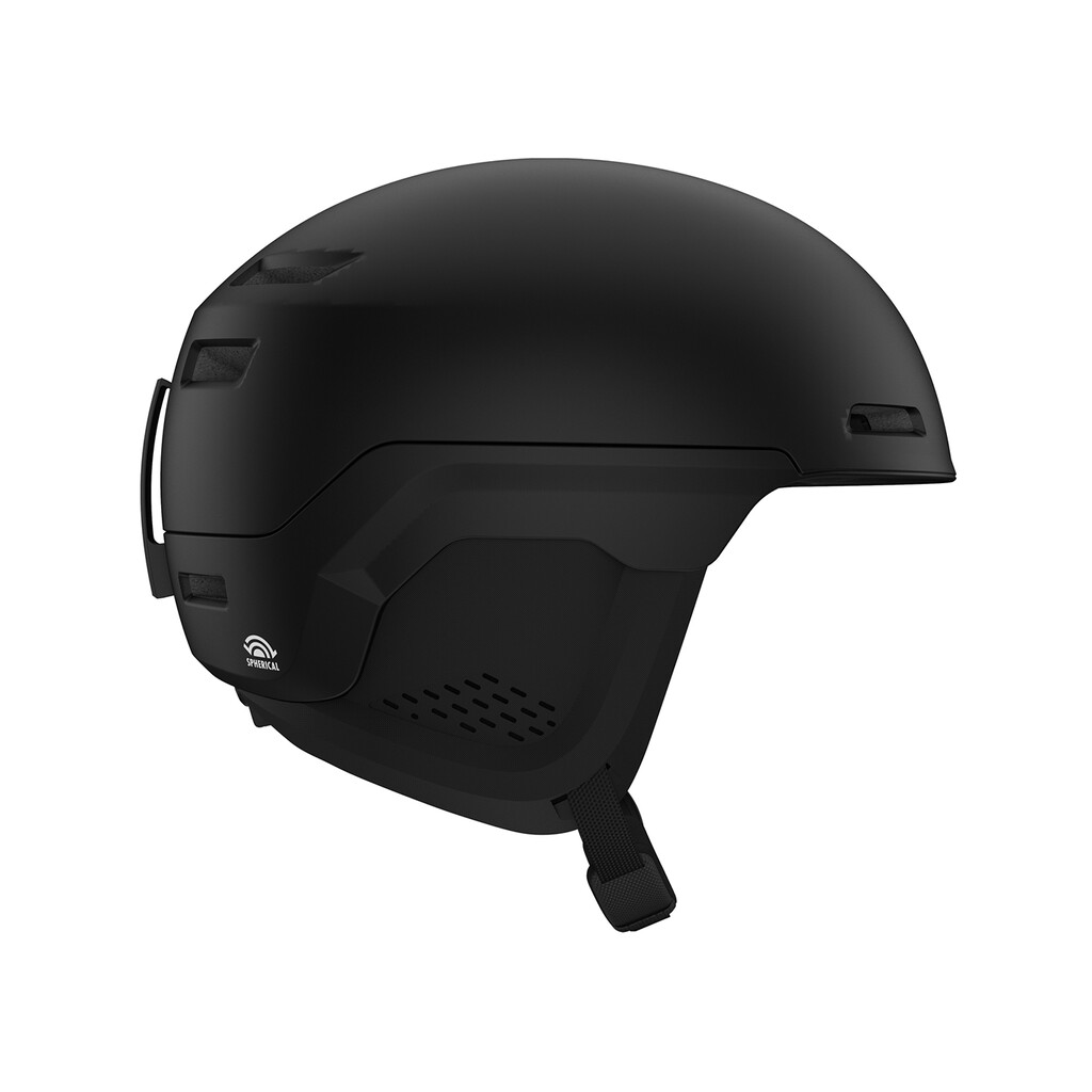 Mattschwarzer Skihelm, Giro Owen Spherical MIPS, Seitenansicht mit Belüftungsdetails und Kinnriemen.