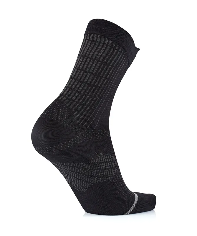 Black sock with geometric patterns in gray, on a white background.