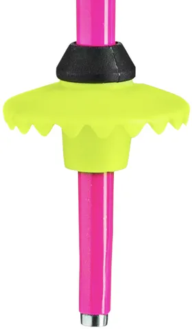 Detailed view: Leki Racing Kids ski pole, pink shaft with yellow plate and steel tip.