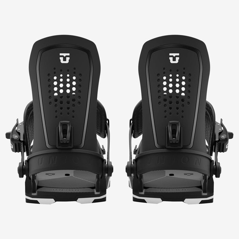 Schwarze Atlas Force Bindungen Zwei schwarze Union Atlas Force Snowboardbindungen von hinten, mit Löchern und weißem Akzent auf der Base.