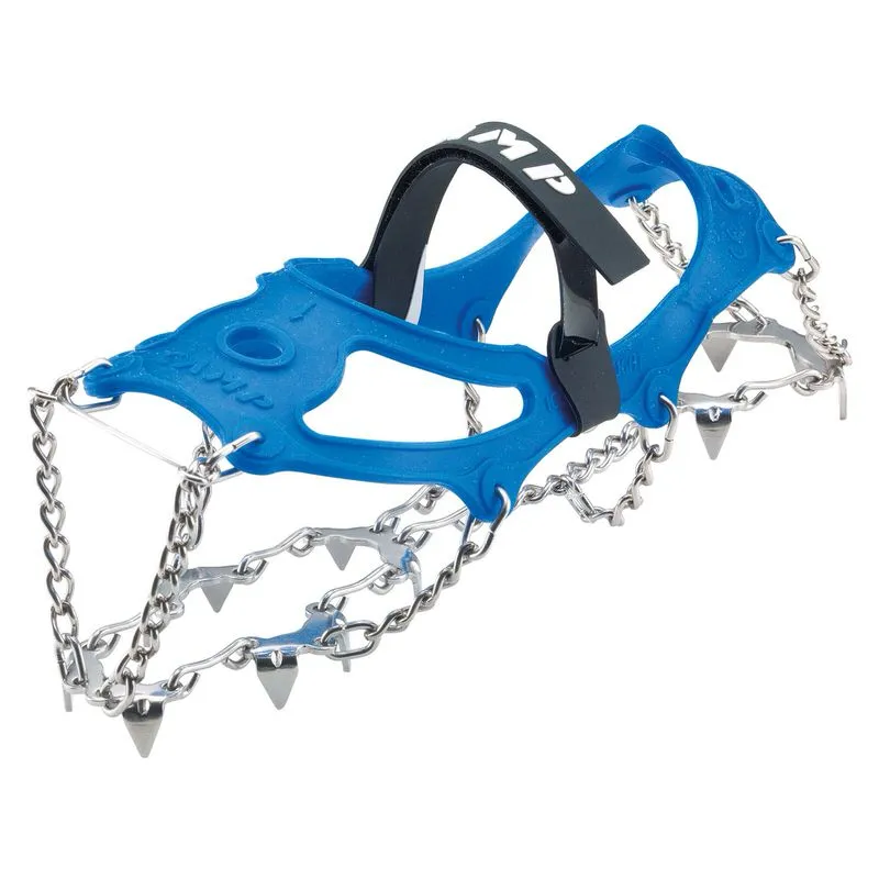 Rampone Ice Master Light blu con punte e catena su sfondo bianco.