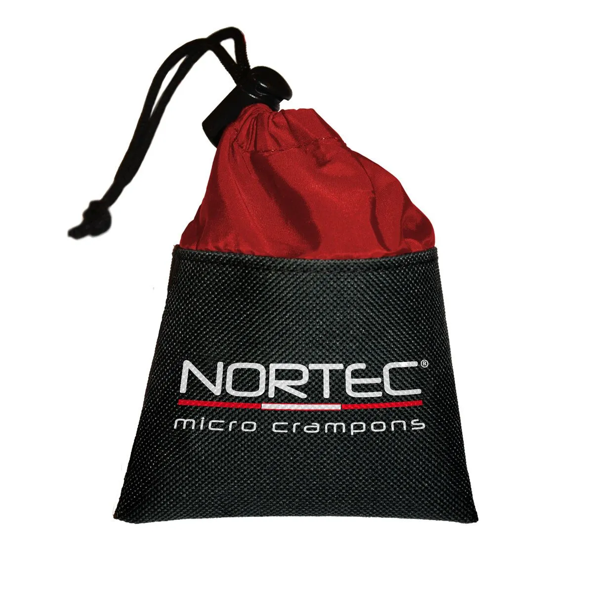 Packing bag for the Nortec Easy shoe claws, red-black with drawstring.
