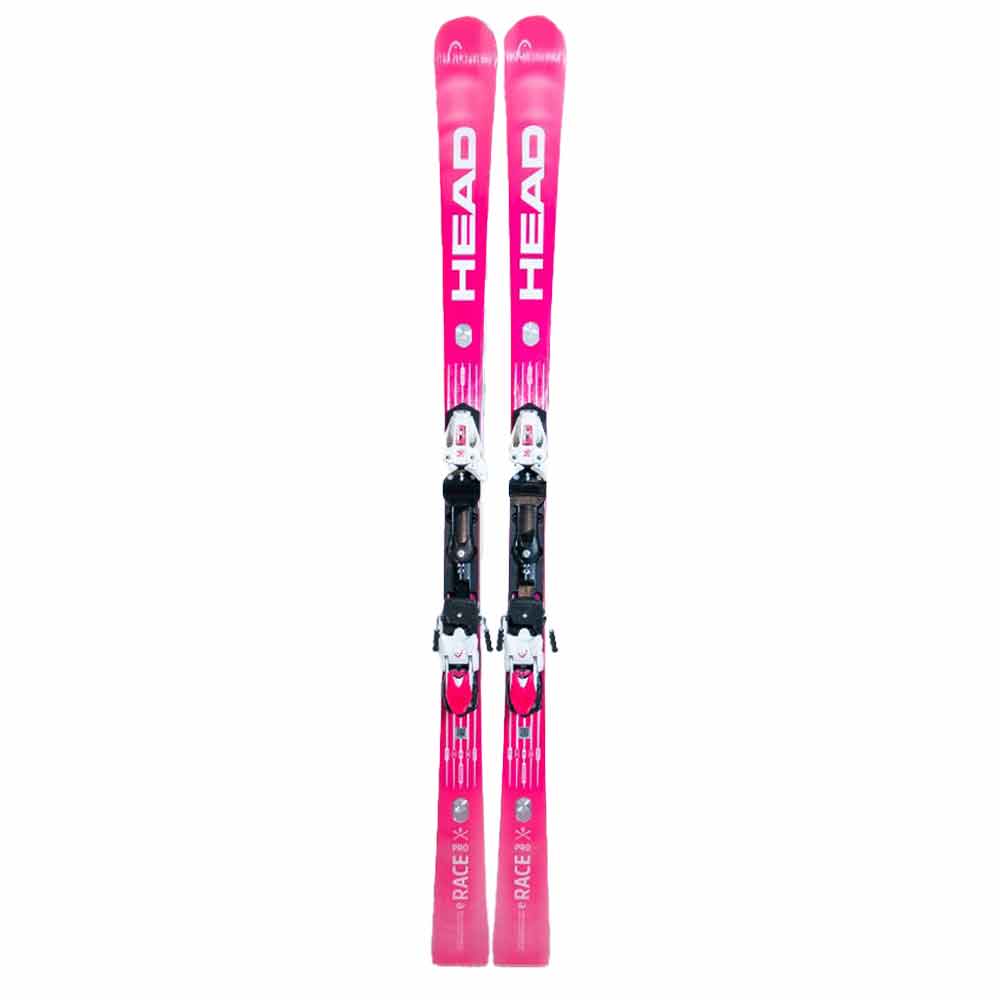 Skis roses HEAD RACE Deux skis roses sont placés côte à côte, avec les fixations montées et les inscriptions "HEAD" et "RACE".