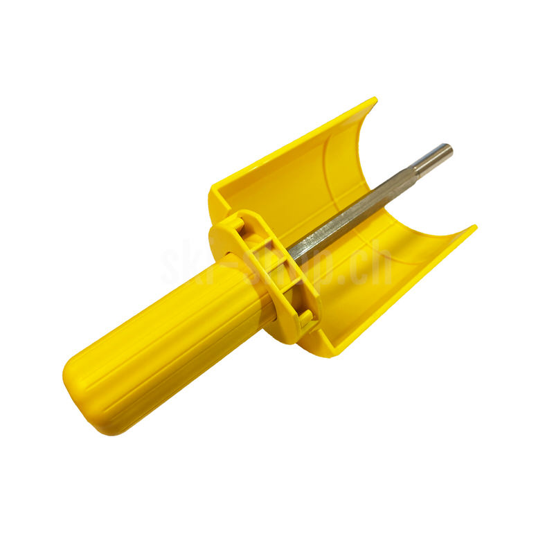 Gelber Toko Rotary Handle mit Schutzhaube und Metallachse für Rotationsbürsten.