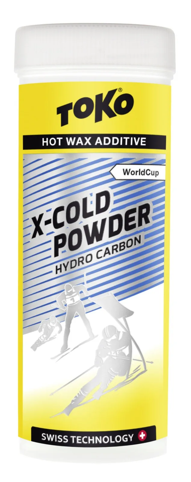 Gelbe Dose Toko X-Cold Powder Hydro Carbon mit Skifahrer Illustration.