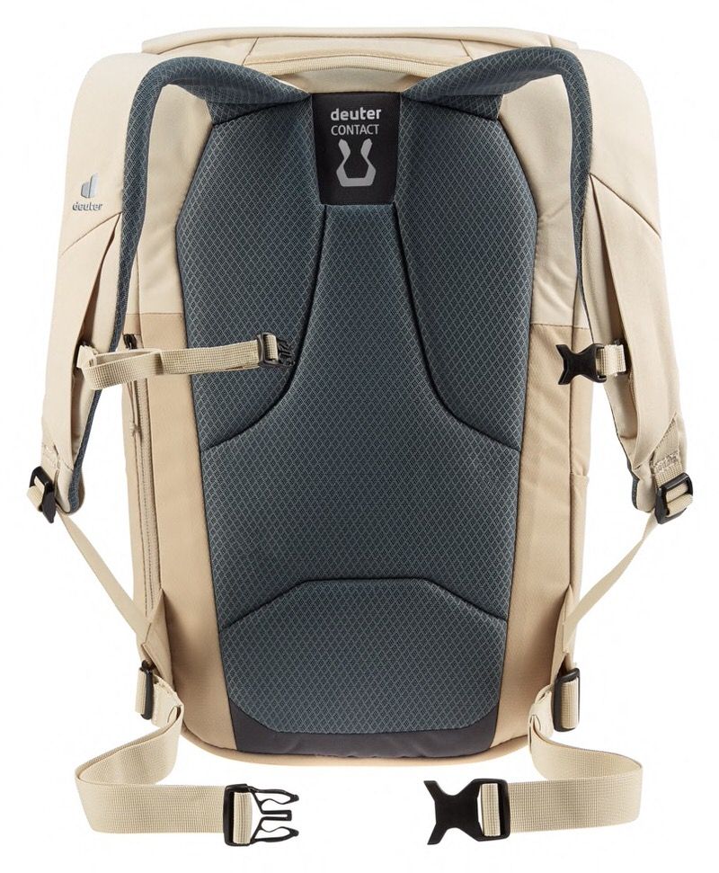 Rear view of the Deuter UP Sydney backpack in sand-bone with breathable back padding and adjustable straps.