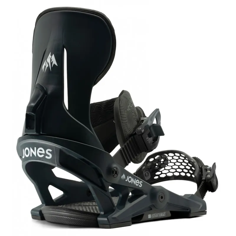 Dark grey Jones Mercury snowboard binding, angled from the front with clearly visible strap details.
