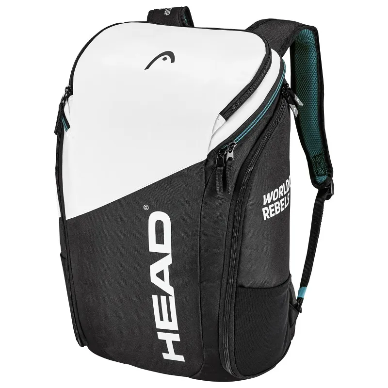 Head Rebels Backpack 2024, sac à dos noir et blanc avec logo Head et bretelles, fermetures éclair latérales.
