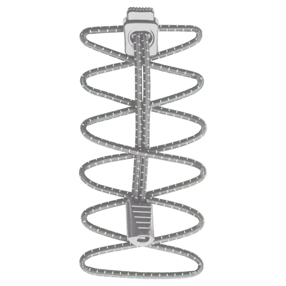 Graue, elastische Run Laces mit Befestigungssystem in Zick-Zack-Form. Ideal für Sport und Alltag.