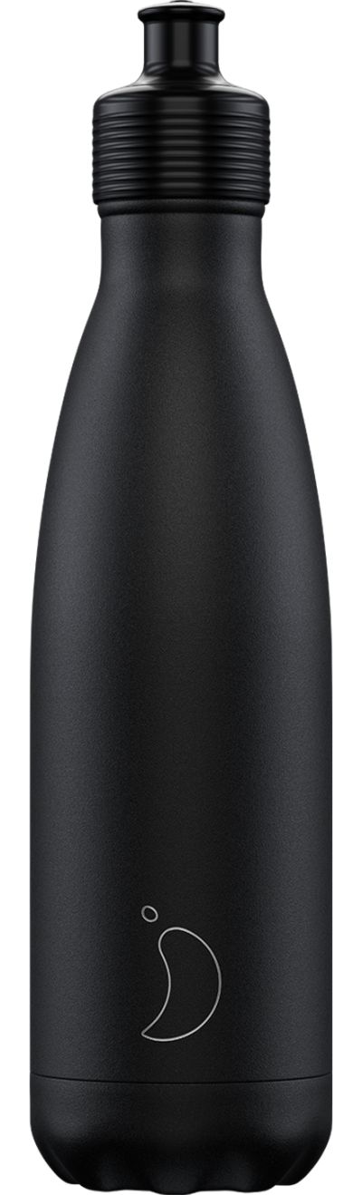Gourde noire et fine Chillys Sports Bottle avec bouchon et logo sur la partie inférieure de la gourde.