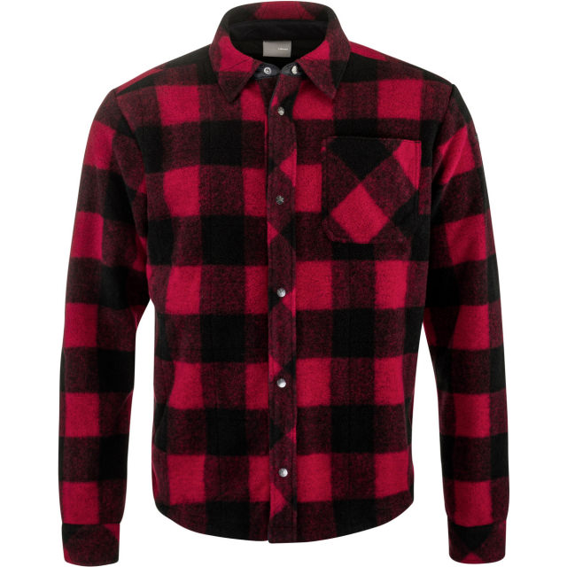 Camicia da uomo a scacchi, rossa e nera, con maniche lunghe e bottoni.