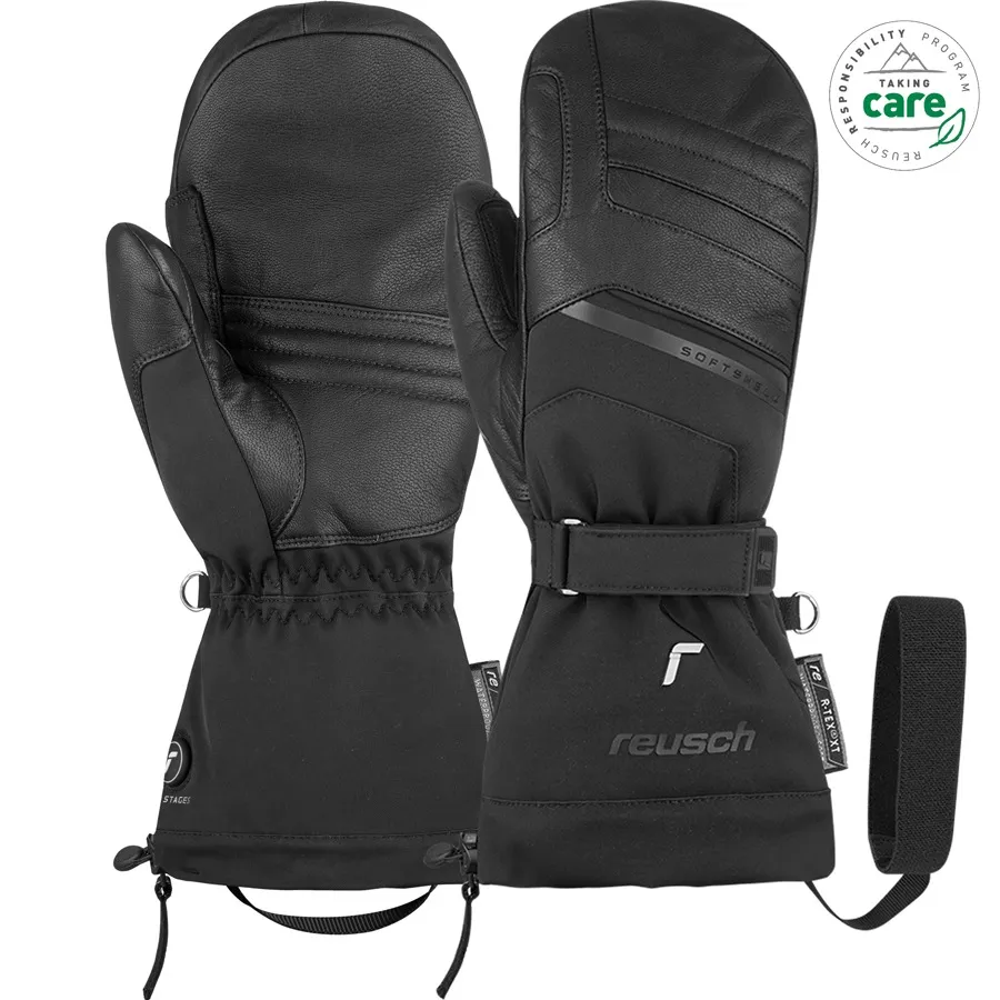 Black Reusch Instant Heat r-tex XT Mitten gloves with wrist strap.