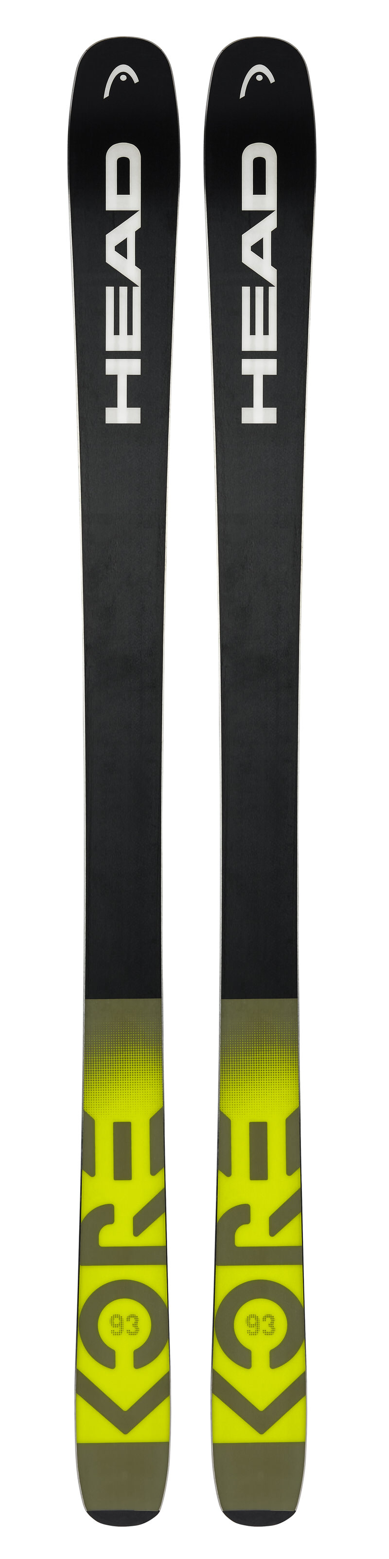 Head Kore 93 Ski Zwei Ski des Typs Head Kore 93, mit schwarzer und gelber Farbgebung, Frontalansicht.