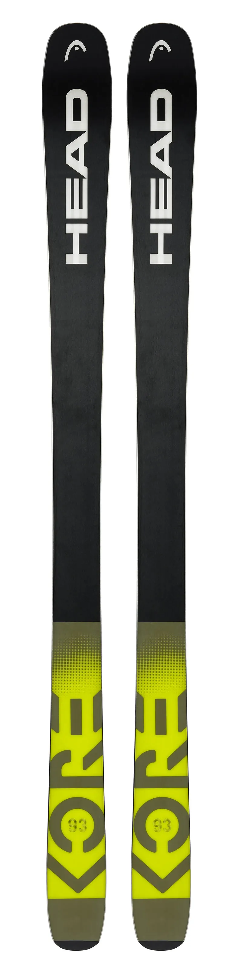 Zwei Ski des Typs Head Kore 93, mit schwarzer und gelber Farbgebung, Frontalansicht.