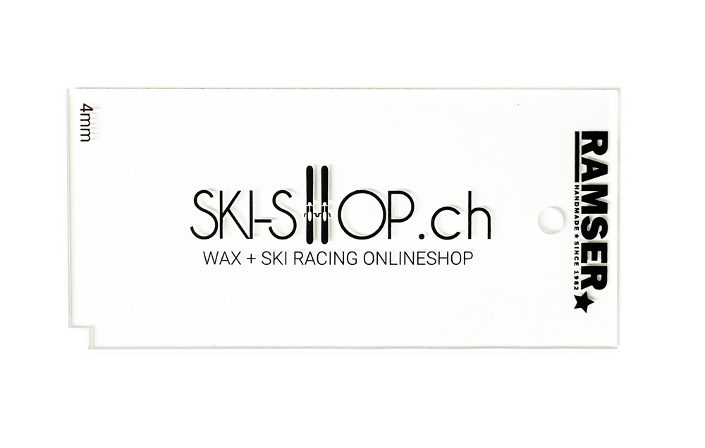 Transparente Plexi Klinge, 4mm dick, mit Logos. Hilfreich zum Wachs abziehen von Ski und Snowboards.