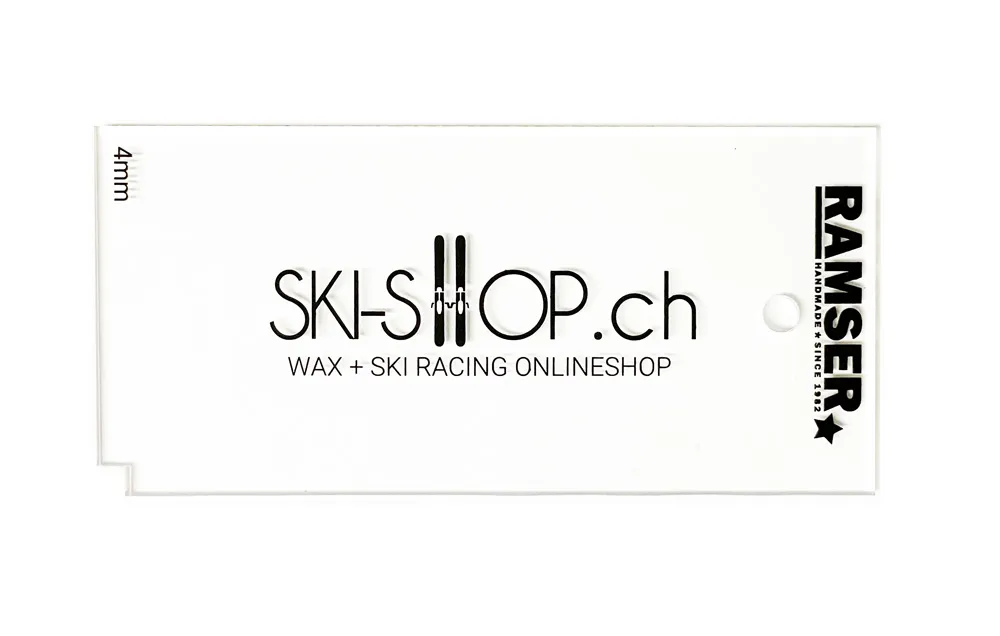 Transparent Plexi blade, 4mm thick, with logos. Helpful for removing wax from skis and snowboards.