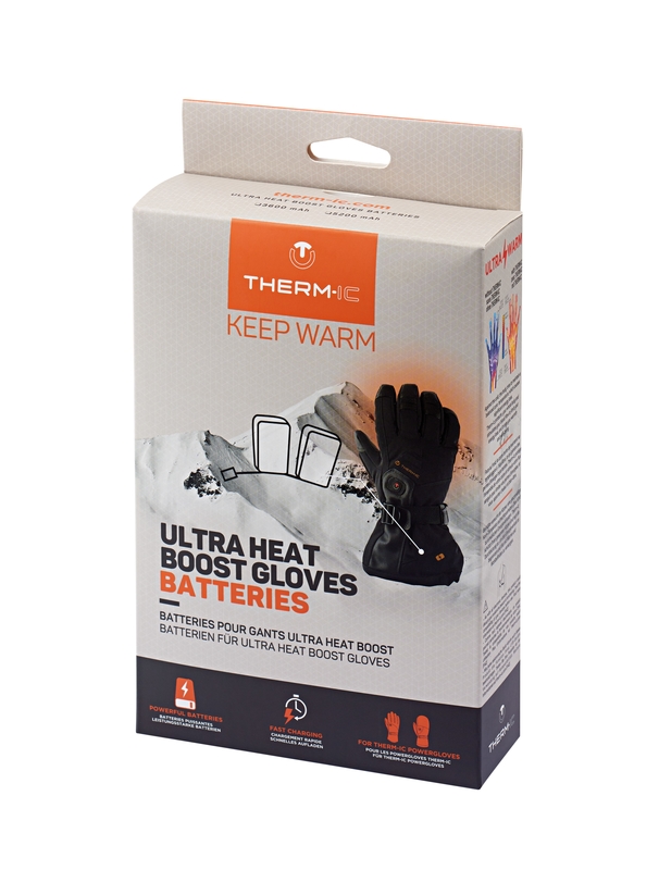 Emballage pour Therm-ic Ultra Heat Boost Glovers Batteries avec gant chauffant sur la face avant.