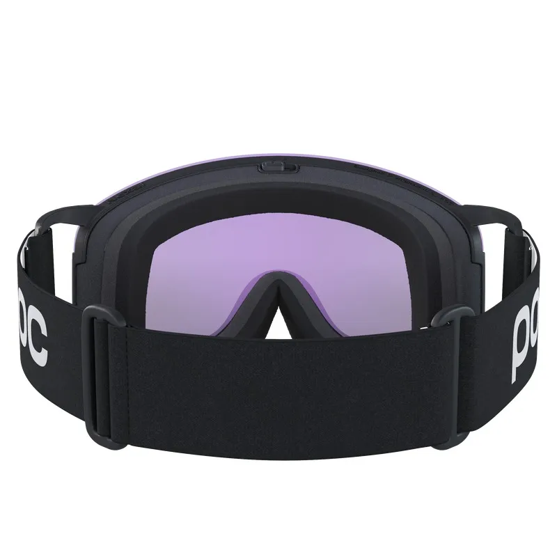 Ski goggles with black strap and purple lens, seen from behind. The "POC" logo is visible on the strap.