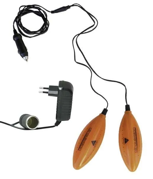 Orange shoe dryer with plug for socket and cigarette lighter, connected with cables.