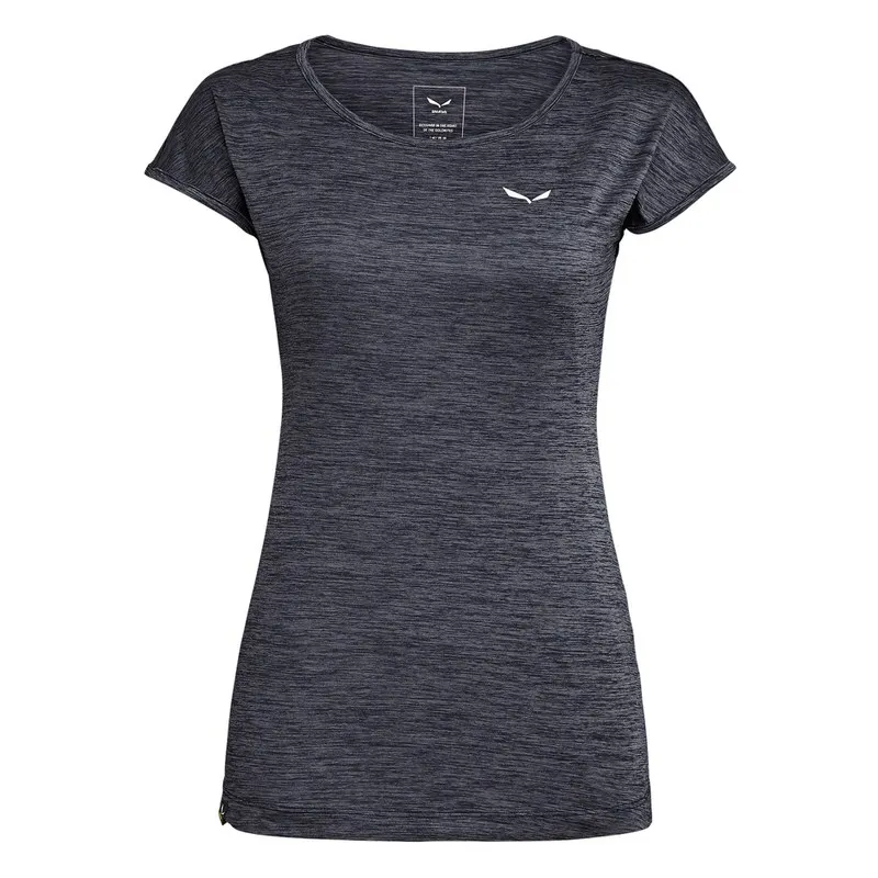 Marineblaues Salewa Puez Melange Dry Damen T-Shirt mit kurzem Arm und weißem Logo.