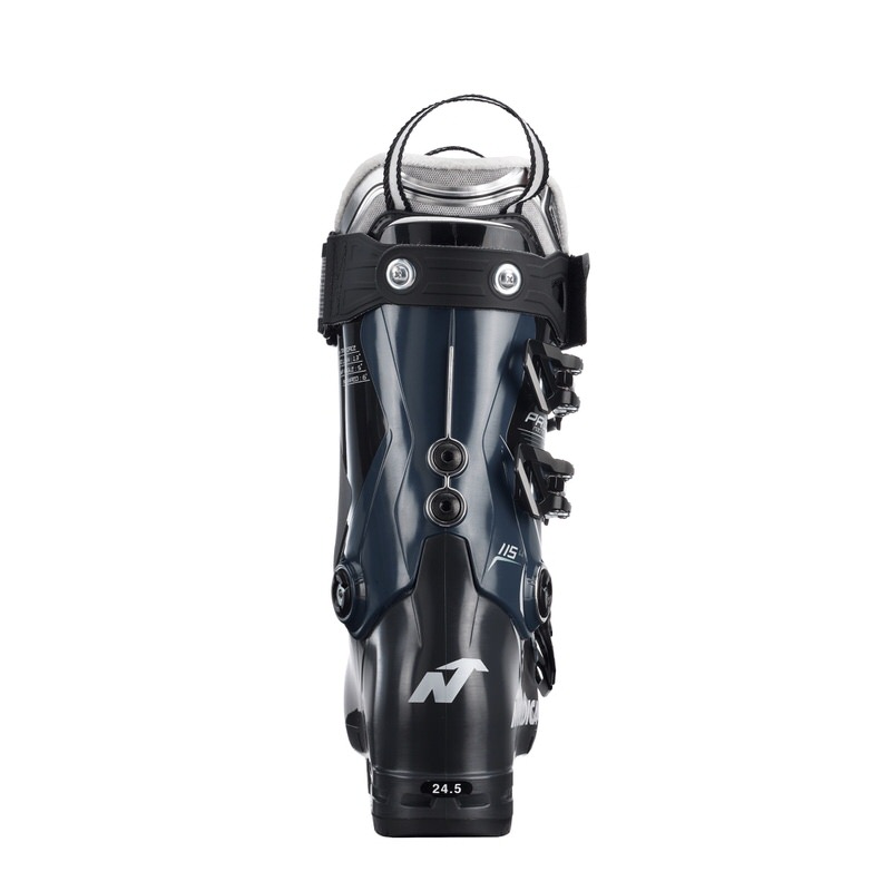 Nordica Pro Machine 115 Damen Skischuh Rückansicht des schwarzen-anthrazit-grünen Nordica Pro Machine 115 Damen Skischuhs mit Schnallen und Schlaufe.