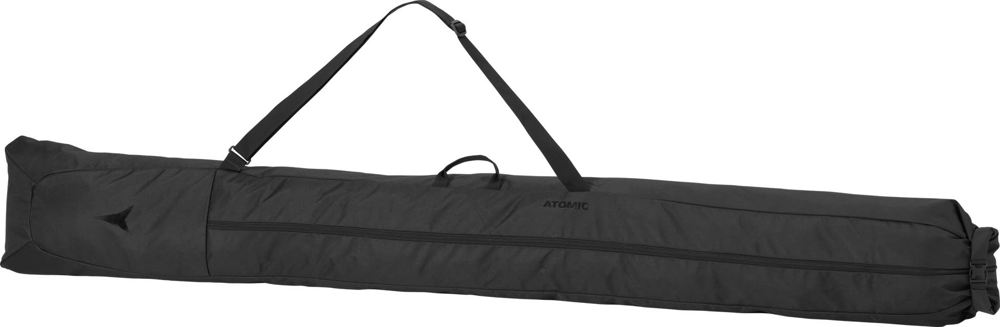 Längliche, schwarze Skitasche der Marke Atomic mit Tragegurt und Reißverschluss.