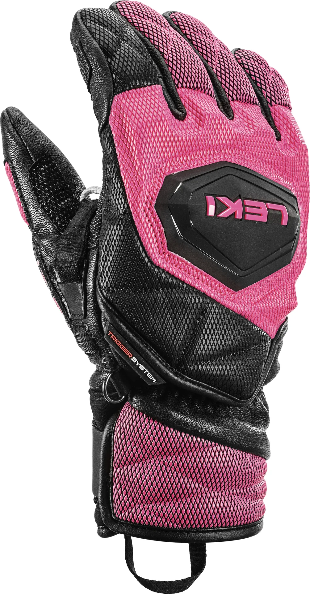 Close-up of a Leki WCR Venom 3D Junior racing glove in black and pink. The palm is facing forward.