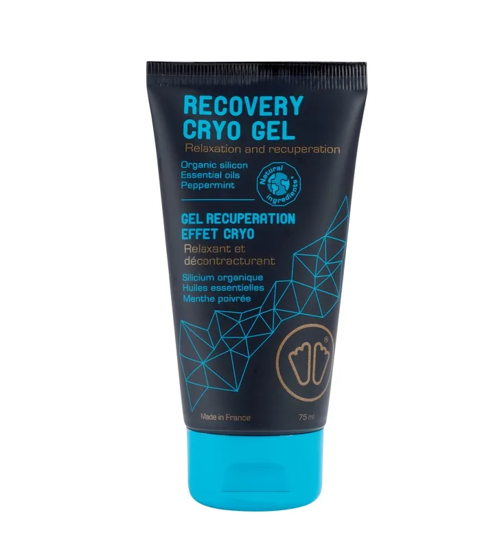 Tube Sidas Recovery Cryo Gel, bleu-noir. Texte sur le produit et symbole des pieds.