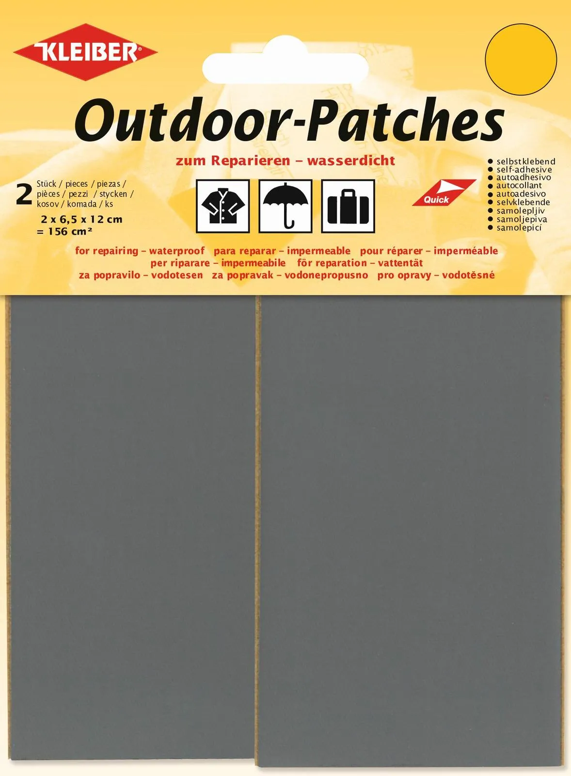 Outdoor patches packaging from Kleiber: Self-adhesive, waterproof patches with pictograms for clothing, umbrellas and luggage.