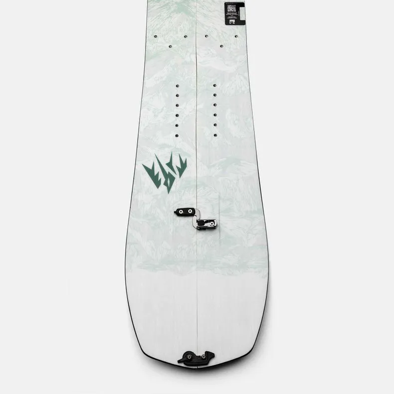 Vue de dessus d'un splitboard en deux parties Jones Women's Solution avec un motif de montagne et des logos verts.