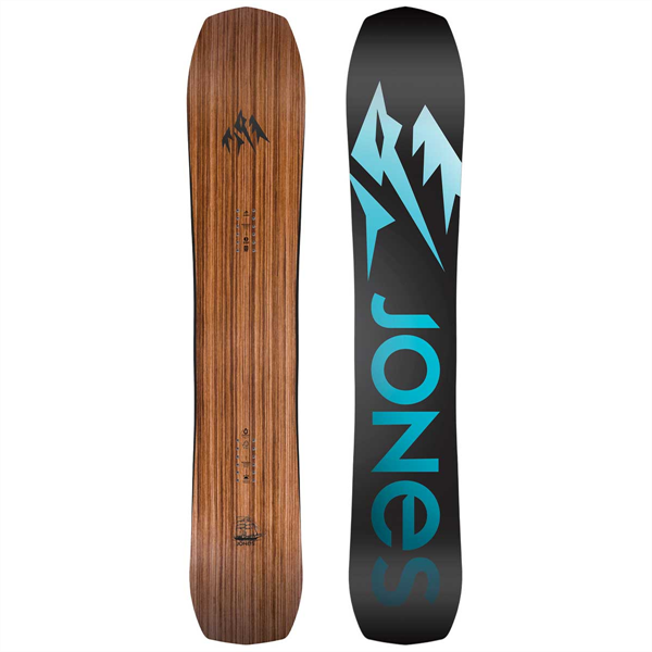Two Jones flagship snowboards. One with wood grain, the other black with blue logo and lettering.
