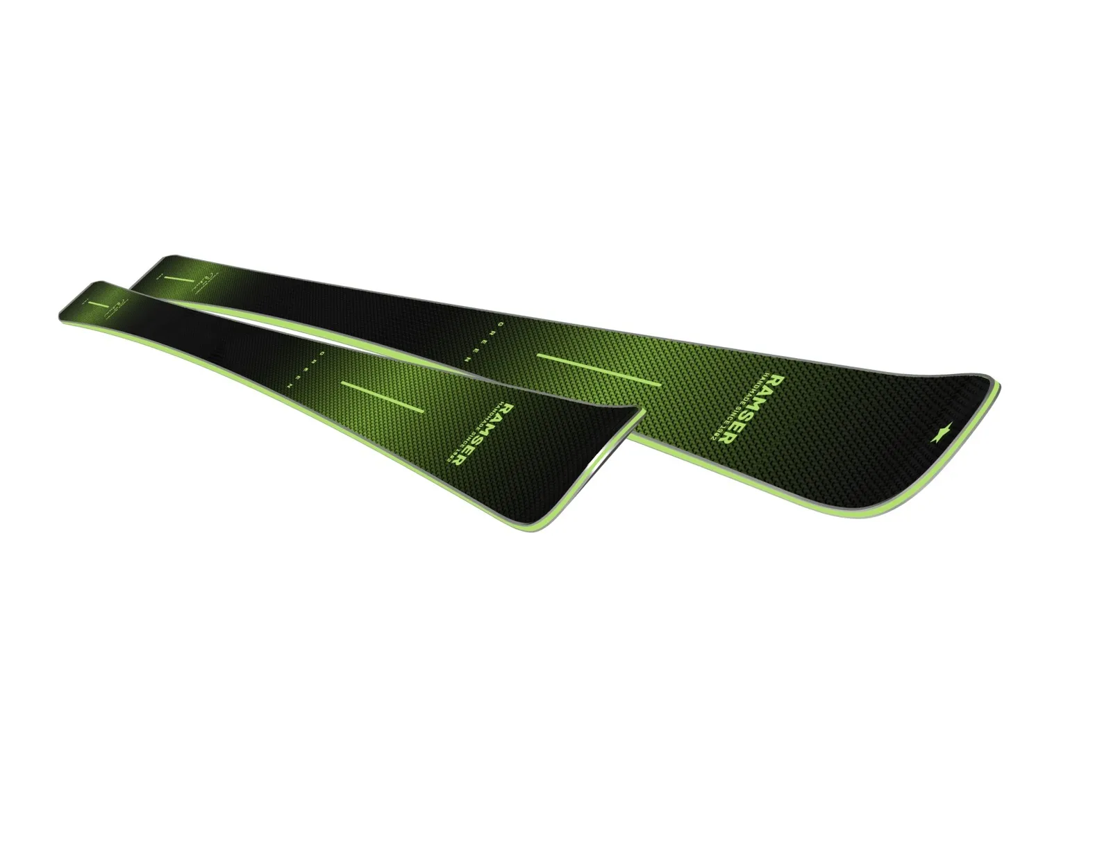 Due sci Ramser Green LTD, vista in diagonale. Disegno nero-verde, testo e linea in verde.