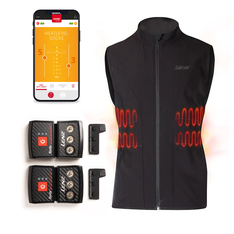 Abgebildet ist eine Lenz Heat Vest 1.0 Women RCB 2000 Set, mit Akkus, Ladegerät und Smartphone-App zur Steuerung der Heizstufen.