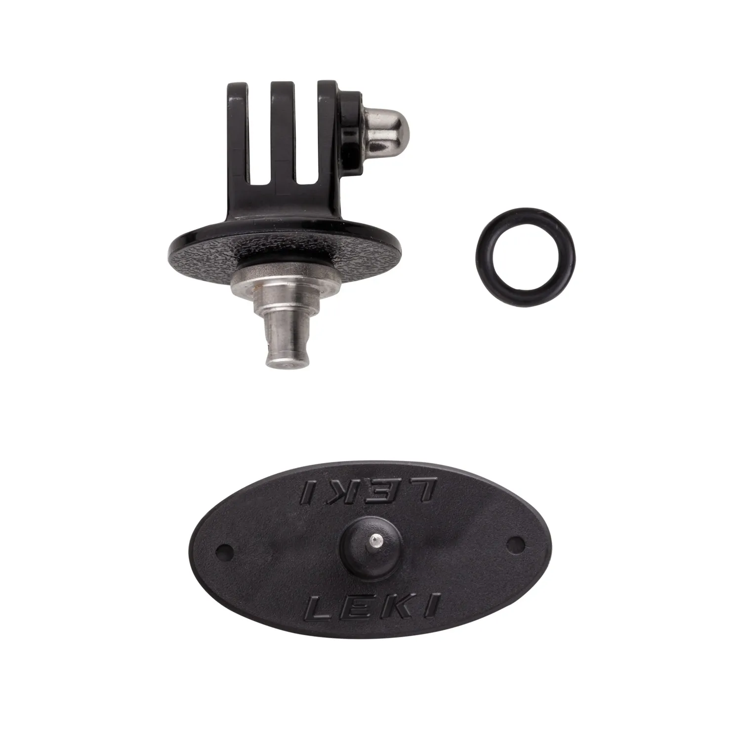 Schwarzer Leki GoPro Adapter für Trigger S Skistöcke mit E-Deckel, bestehend aus drei Teilen.