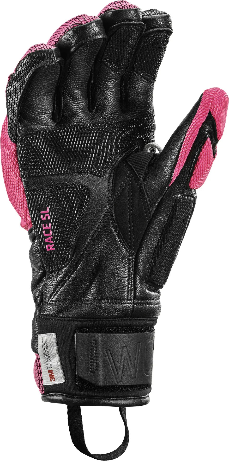 Guanto Leki Venom SL 3D nero con dettagli rosa. La pelle, la struttura a rete e le protezioni sono visibili.