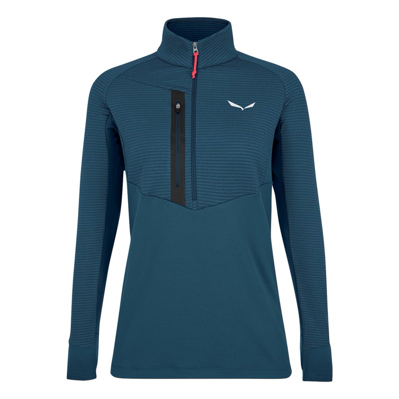 Marineblau-schwarzes Salewa Damen Fleece mit halbem Reißverschluss und Stehkragen. Brusttasche und Markenlogo auf der Brust.