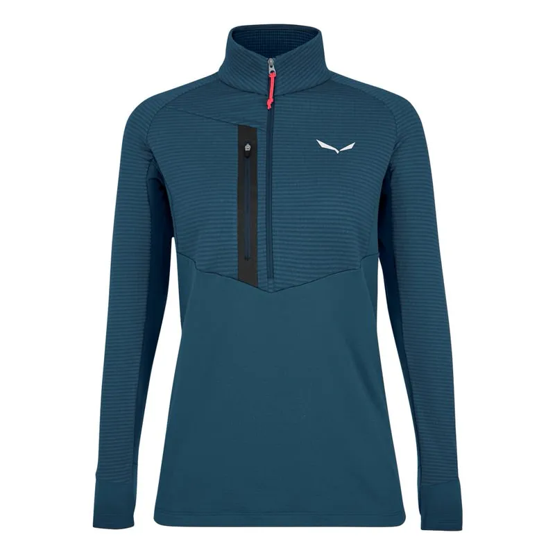 Polaire bleu marine et noir Salewa pour femmes avec demi-zip et col montant. Poche sur la poitrine et logo de la marque sur la poitrine.