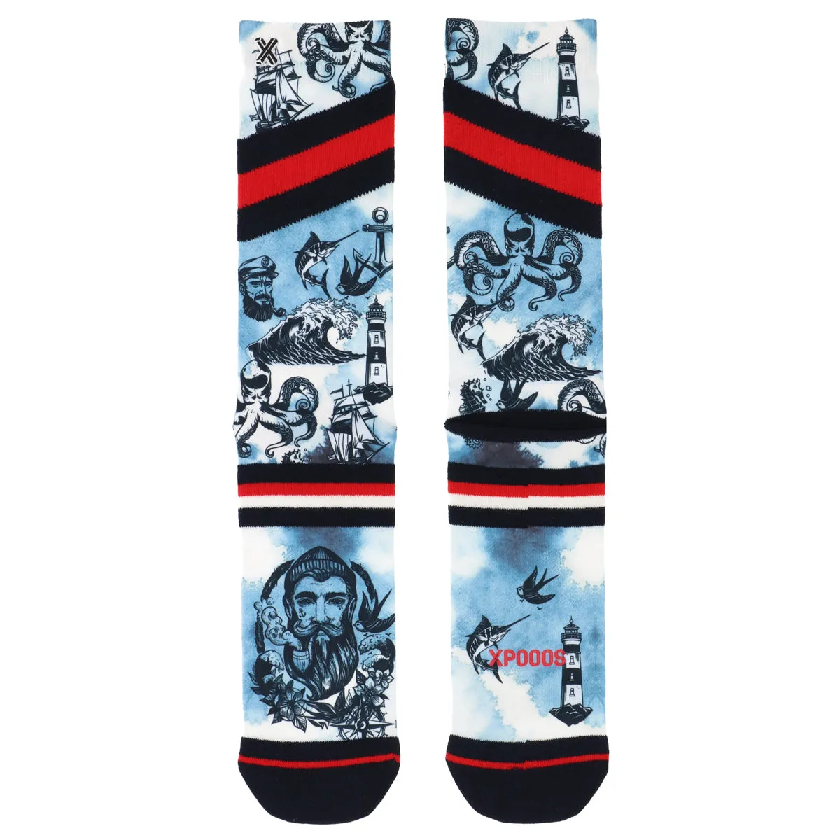 XPOOOS Sailor men's socks, maritime pattern with anchor, lighthouse, ships and octopus on a blue and white background. Red and black ribbons.