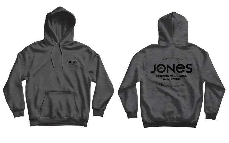 Felpa grigia con cappuccio di Jones, fronte e retro, con marchio sul retro.