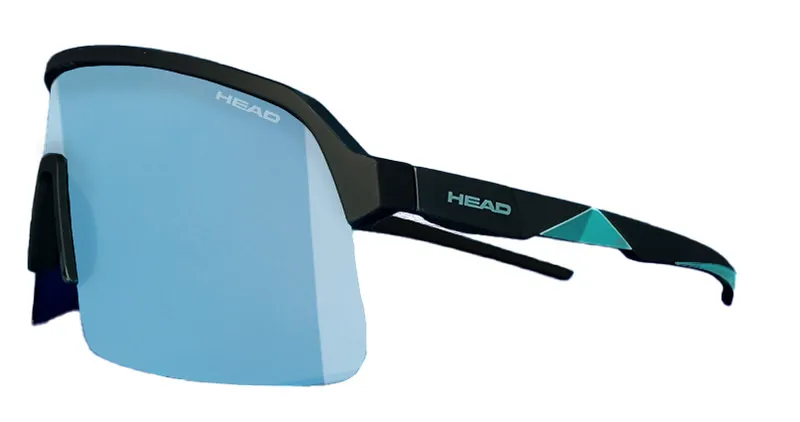 Sporty Head Shield WCR sunglasses with blue lenses, black frame and blue-green accents.