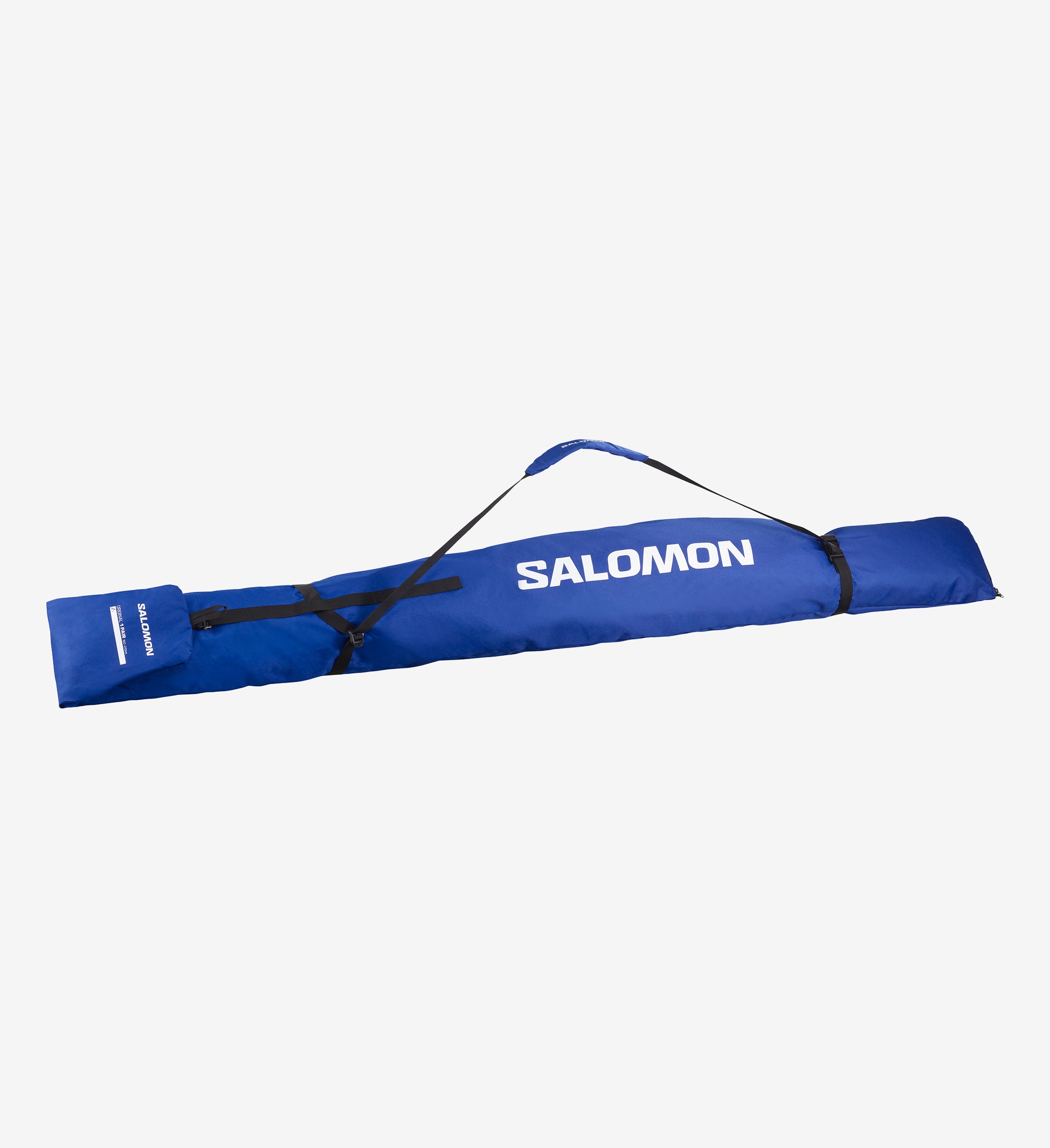 Blauer Salomon Skisack, liegend, mit Tragegurt und weißem Logo.